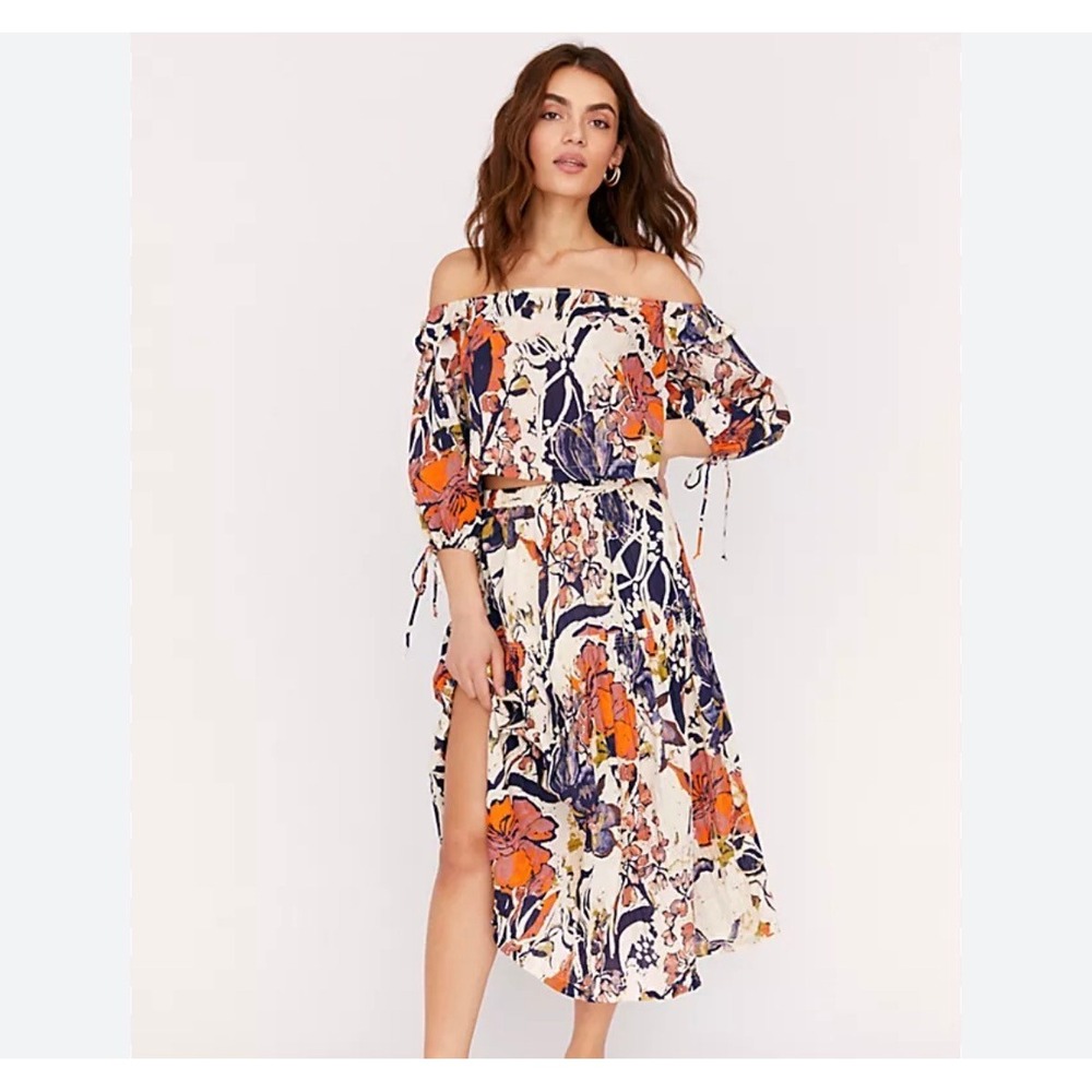 Free People Shasta Skirt‎ Set Floral Off Shoulder Crop Top Tiered Midi Skirt M